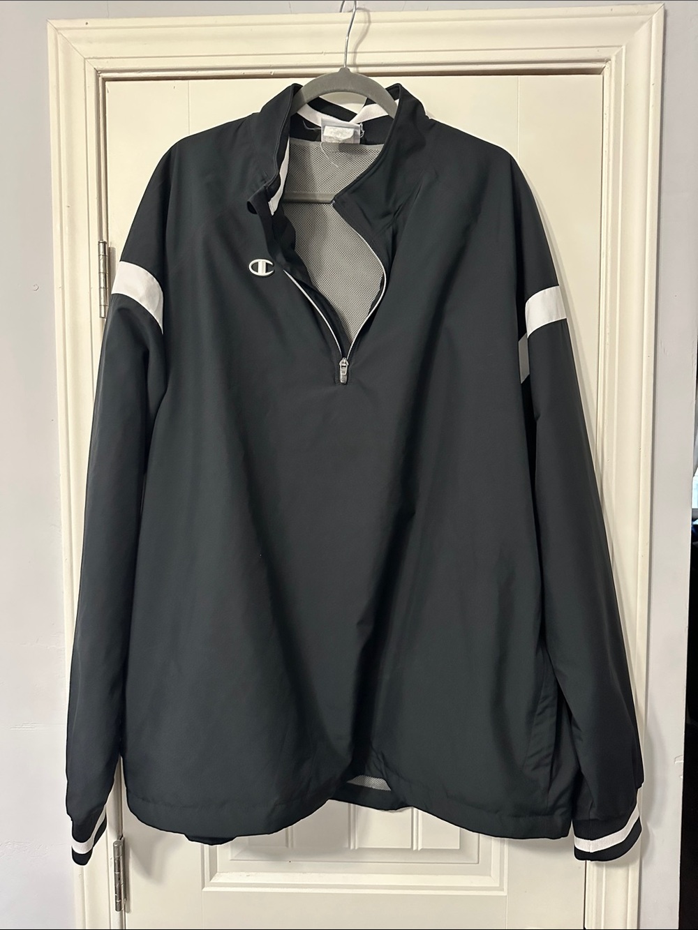 Champion Black Pullover Windbreaker with White Stripes